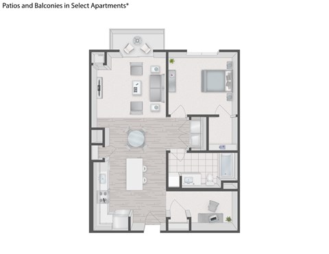 Floor plan for 1 bed, 1 bath, 838 sqft